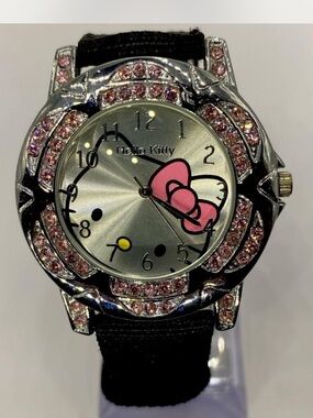 Sanrio *^* Hello Kitty  *^* Pink Iced Crystal Accent Silver-Tone Watch ***